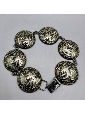 Japanese Damascene Panel Bracelet Floral Inlay Signed Silver Japan